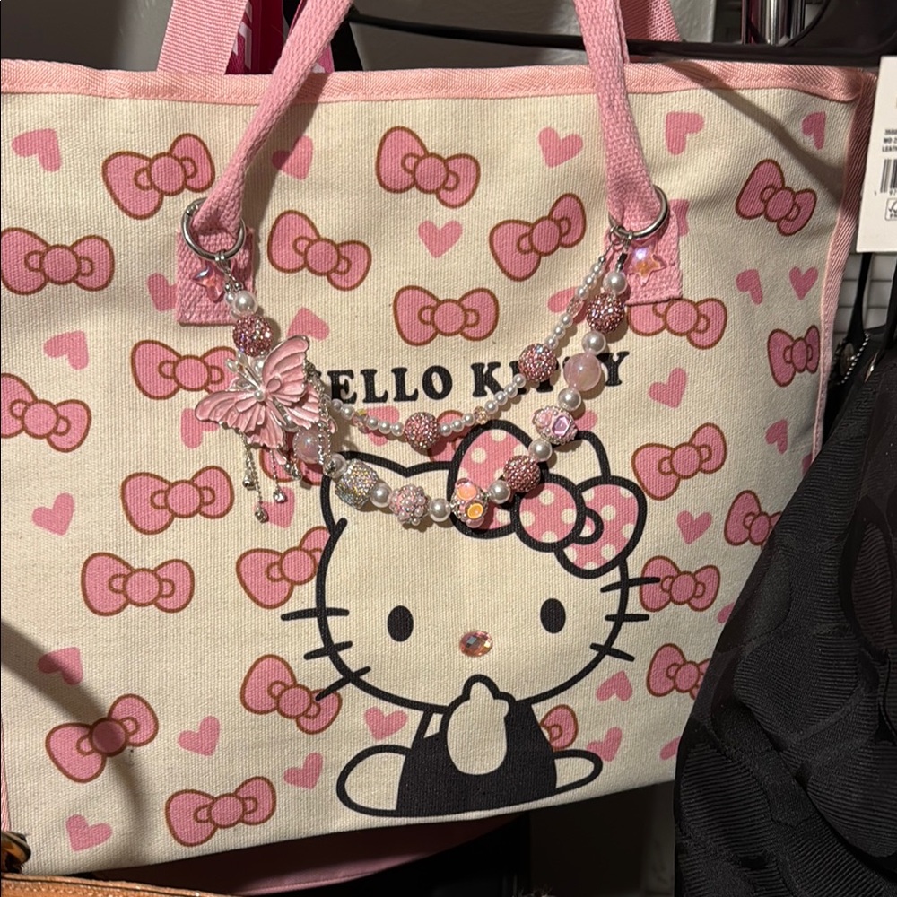 Hello Kitty Pink and Cream cloth Tote Bag w/ bling charm